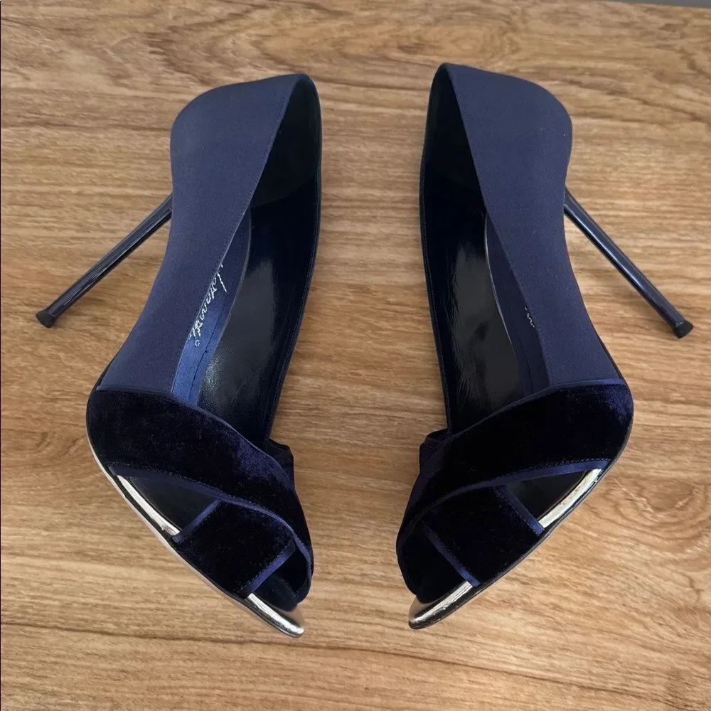 Gianmarco Lorenzi Blue Silk & Velvet Stiletto Heels Made in Italy Size EU 37.5